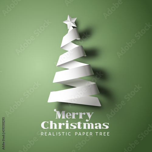 A realistic paper christmas tree with a star, card decoration with shadows. Vector illustration.