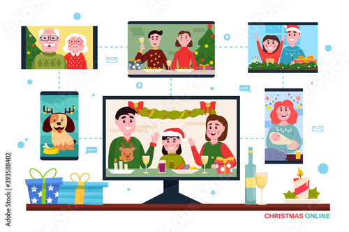 Christmas online. People using video conference service for collective holiday virtual celebration, party online with family from home. New normal Christmas celebrate. Vector illustration.