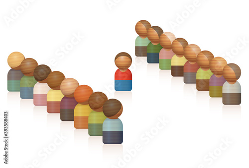 Caught in the middle of two groups, between two stools. Misfit or outsider makes an alliance of different opinions, combines their conflicting views, symbolized by wooden toy figures. Vector.
