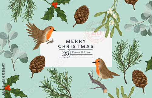 Vintage floral Christmas layout design with robin birds and seasonal plants including mistletoe and pine. Vector illustration.