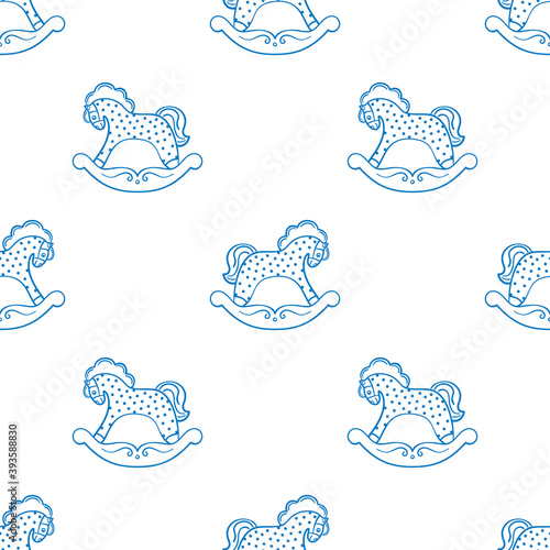 The seamless pattern with the blue rocking horses is on white background. The save with the Clipping Mask.