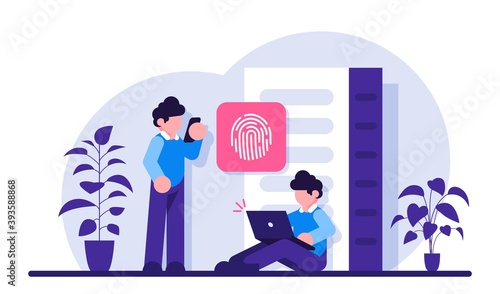 Data protection concept. Database security. Big data storage, big data engineering, data protection, disk infrastructure, business information safety, access policy. Modern flat illustration.
