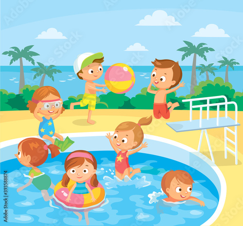 Vector kids babies in swimming pool swimming and jumping from diving platform girl in swim ring, flippers plunging, having fun with ball,sunbathing sunbathe on tropical resort palm trees on background