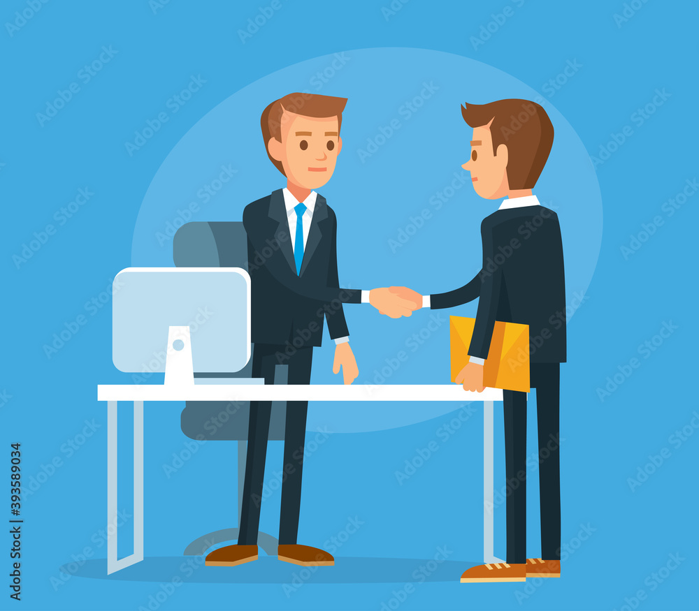 Fototapeta premium Business meeting.Employee shaking hands with boss, director, leader executive. Manager, assistant visit came to his boss for report.
