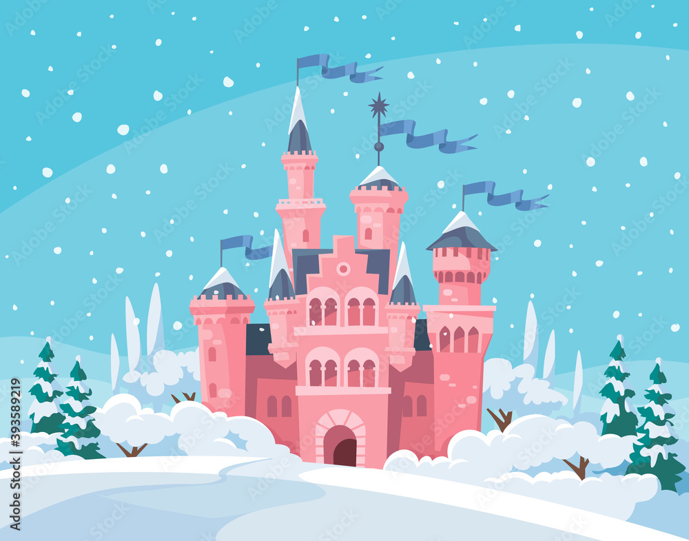 Vector illustration for children with fairy pink castle and winter landscape on snowy weather with snowfall