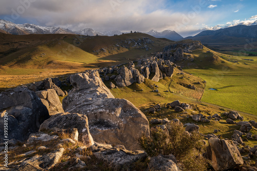 Castle Hill high country station in New Zealand's South Island. The hill was so named because of the imposing array of limestone boulders in the area reminiscent of an old, run-down stone castle.