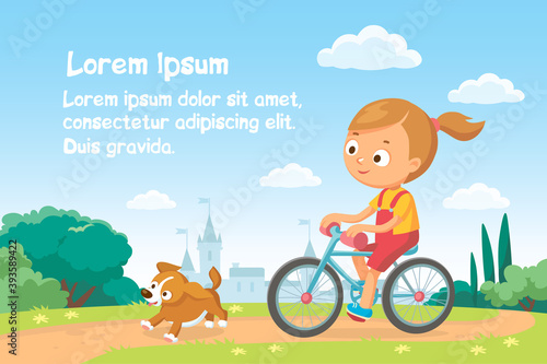 Vector girl woman rides bike bicycle in natural summer landscape by pathway track through green lawn meadow, puppy dog running ahead.Escape from city.Bike ride.White clouds and castle on background.