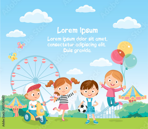 Vector children cartoon characters having fun in amusement theme entertainment park, play hang around, have leisure, eating ice-cream, jumping Carousel, roller coaster.Carnival, childhood, friends.