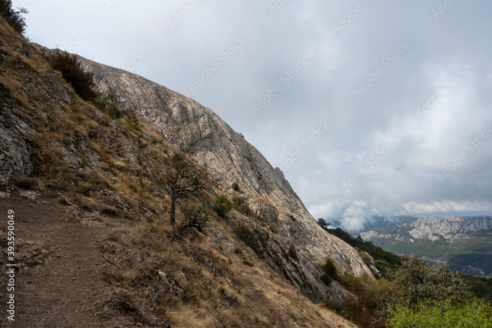Mount Ilyas Kaya, near the village of Laspi, Republic of Crimea, Russia. Cloudy day September 25, 2020