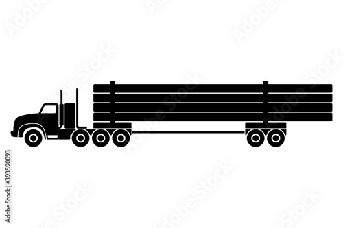 Timber truck icon. Pipe locomotive. Black silhouette. Side view. Vector flat graphic illustration. The isolated object on a white background. Isolate.