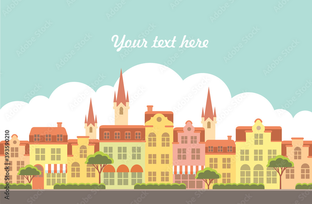 Vector panoramic view of old beautiful european city.Old street of european town with old style houses.town Urban landscape. Banner with vintage building facades.Children fairy tale illustration.