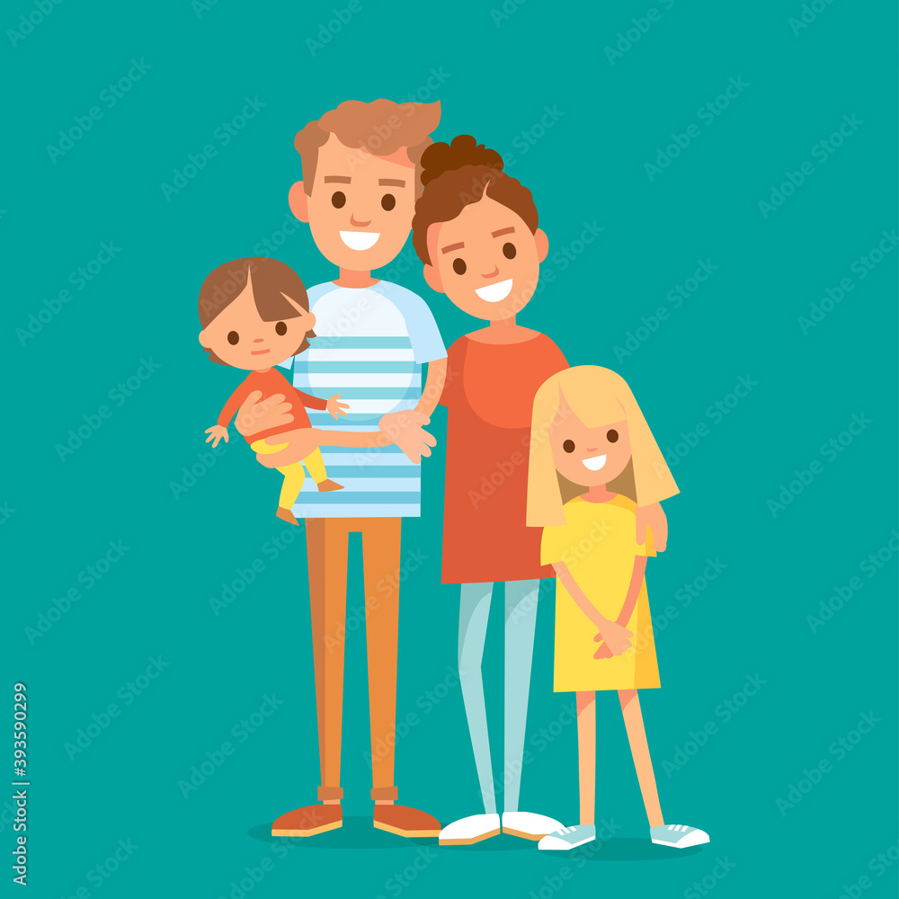 Vector portrait of happy family of 4 four members parents mom dad parents and 2 two children kids son daughter posing standing together, father with baby child on hands. Vector portrait of happy family of 4 four members parents mom dad parents and 2 two children kids son daughter posing standing together, father with baby child on hands.