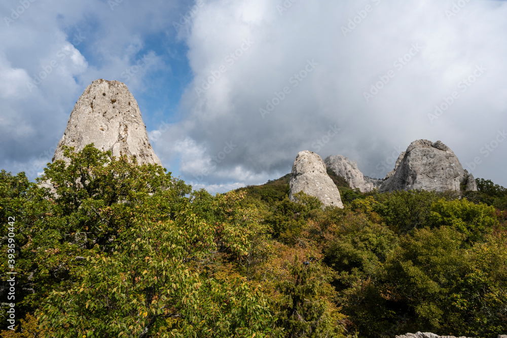 Temple of the sun near mount Ilyas Kaya, near the village of Laspi, Republic of Crimea, Russia. Cloudy day September 25, 2020