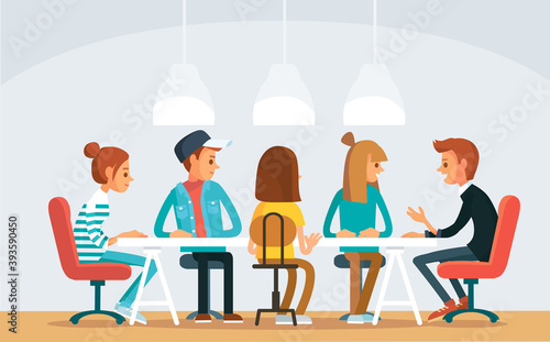 Vector picture view of coworking shared space office with freelancers working on project start up sitting at table. Collective team work small bussines entrepreneurship partnership concept.