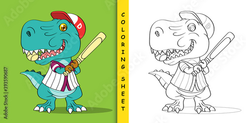 Baseball player dinosaur cartoon, Coloring sheet
