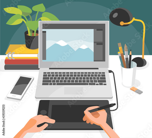 Front view picture illustration of designer freelancer art creator workplace, working place, desk, table and laptop, digitizer, graphics digital drawing tablet pad and someones worker user hands.