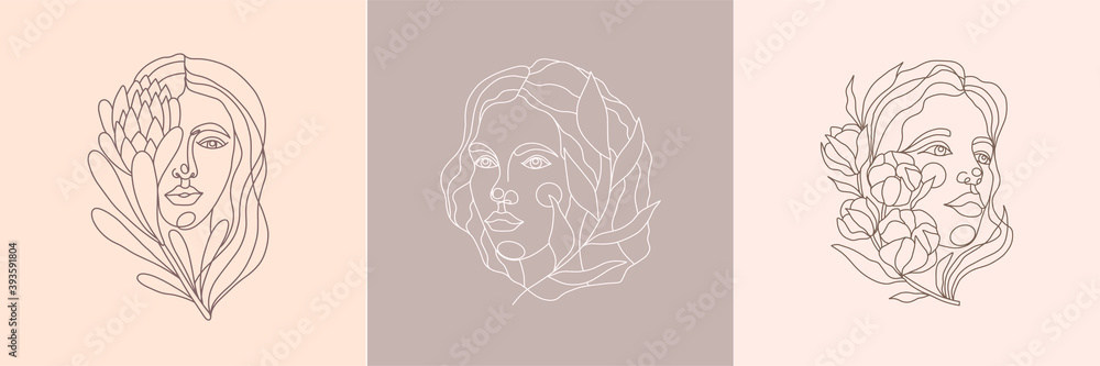 Set of portraits of minimalist female with proteus flower, cotton and branch. Vector illustration of a female face in a linear style. Feminine young face. Template for print, postcard, poster