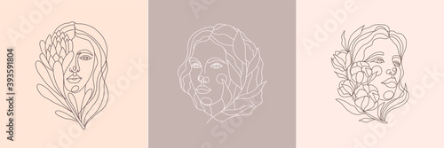 Obraz na płótnie Set of portraits of minimalist female with proteus flower, cotton and branch. Vector illustration of a female face in a linear style. Feminine young face. Template for print, postcard, poster w salonie