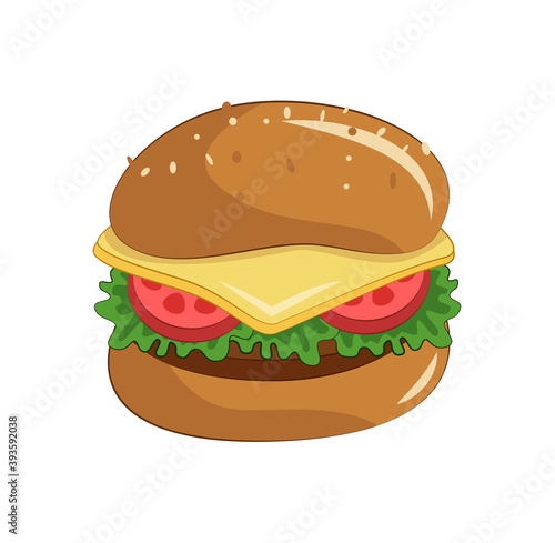 Cartoon hamburger with cheese  tomato and salad. Isolated on white background.  Vector illustration. Design for banner  poster  card  print  menu.