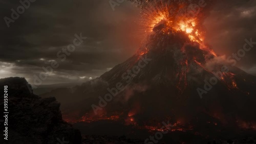Amazing volcanic eruption, dark clouds, air pollution photo