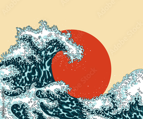 Vintage japanese engraving style great wave. Japanese ocean or sea water waves drawing with sun