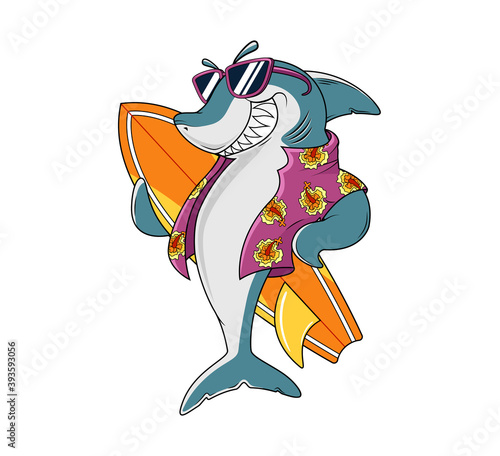 Smiling Shark wearing sunglasses and holding surfing board in hawaiian shirt