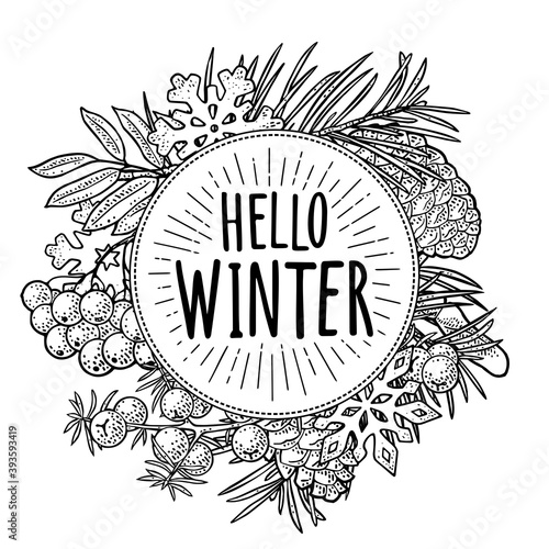 Circle shape for Merry Christmas and New Year. Hello winter lettering. Engraving