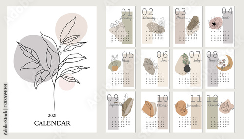 2021 сalendar design. 2021 calendar template on a botanical theme.Set of 12 months 2021 pages. Vector illustration.Vector template.Abstract artistic vector illustration. © Hanna