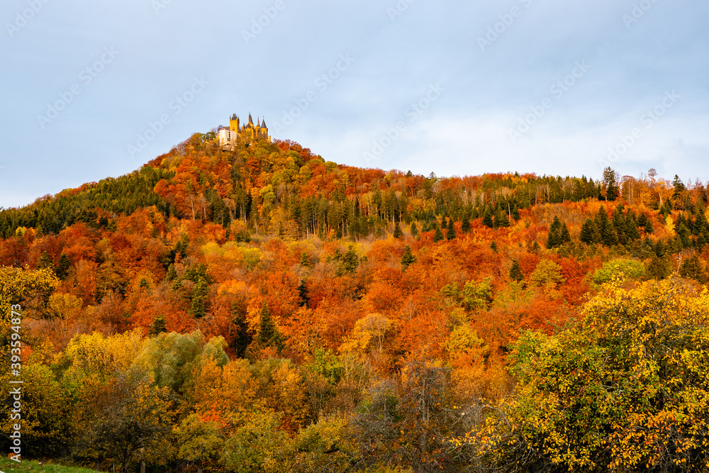 scenic autumn fall color in the Hohenzollern mountains in morning light Hechingen