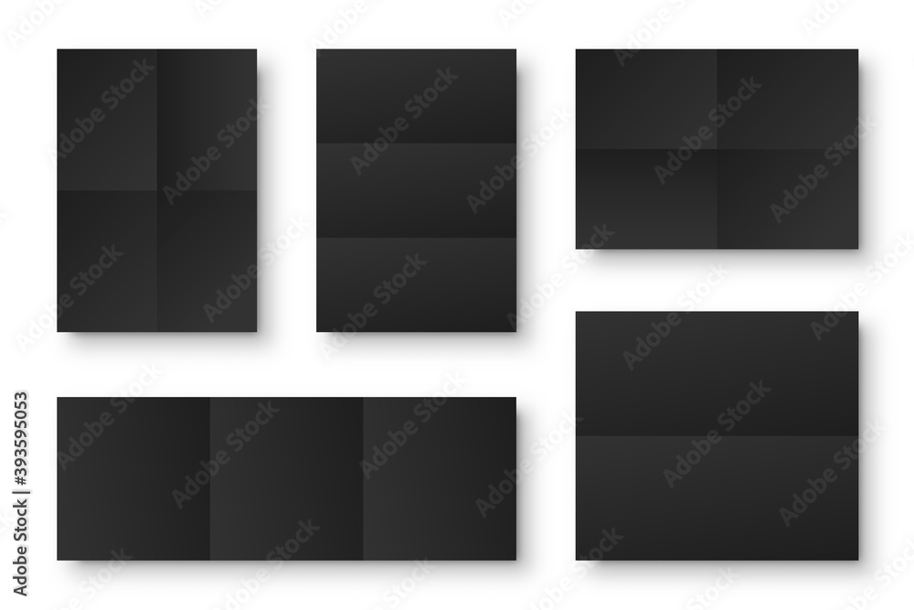 Obraz premium Blank folded paper sheets collection. Black notebook or book page. Design template or mockup. Vector illustration.