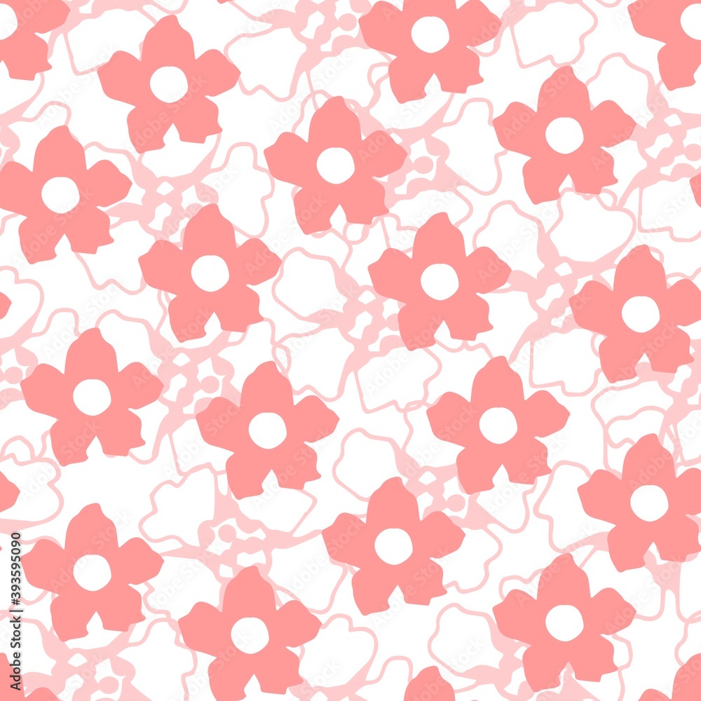 Hand-drawn floral delicate vector seamless pattern. Pink flowers on a white background. For prints of lace fabric, textile products, paper, clothing.
