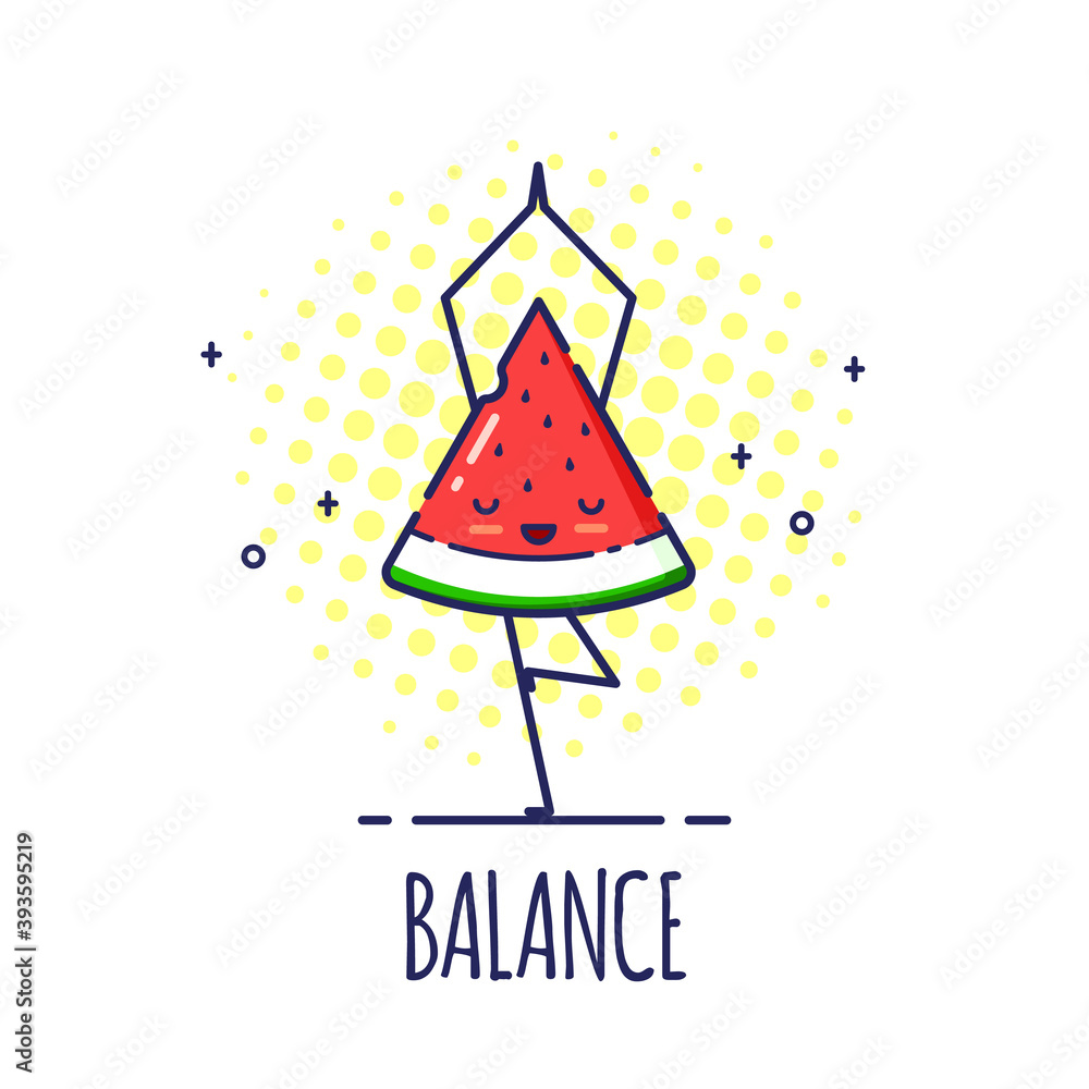 Funny Watermelon Character Doing Yoga, Tree Pose Vrikshasana Funny Watermelon Character Doing Yoga, Tree Pose Vrikshasana