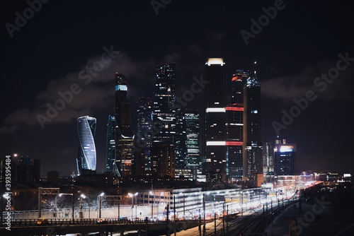 Night view of Moscow City. High-rise buildings in the city at night.