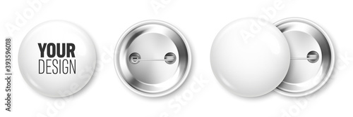 Realistic white blank badge. 3D glossy round button. Pin badge mockup. Vector illustration.