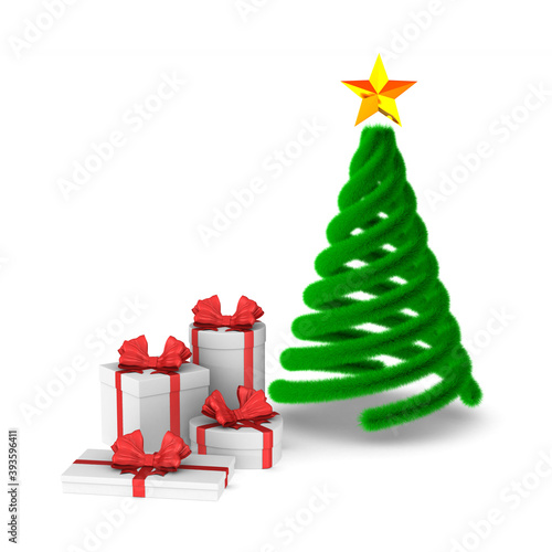 gift boxes with red bow and christmas tree on white background. Isolated 3D i...