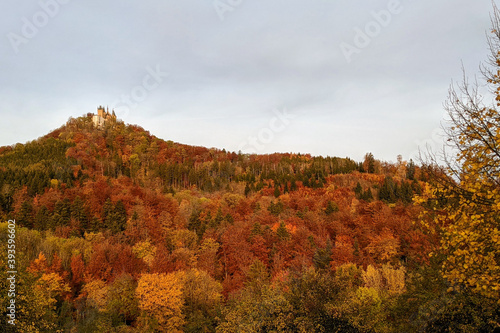 scenic autumn fall color in the Hohenzollern mountains in morning light Hechingen