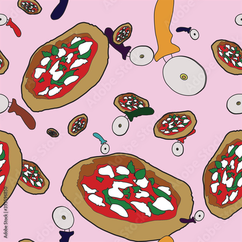 Pizza seamless pattern with cutters in different colours in a pink background. Illustration of a typical Italian food for wrapping paper or web design or for a pizzeria.