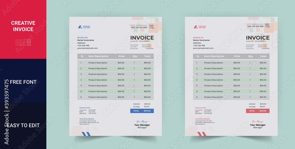 Business invoice template. Invoicing quotes, money bills or price invoices and payment agreement or bill payment receipt page vector set design templates