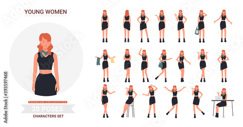 Young fashion girl poses vector illustration set. Cartoon stylish redhead woman in fashionable trendy black clothes, model posing, standing and showing various gestures collection isolated on white