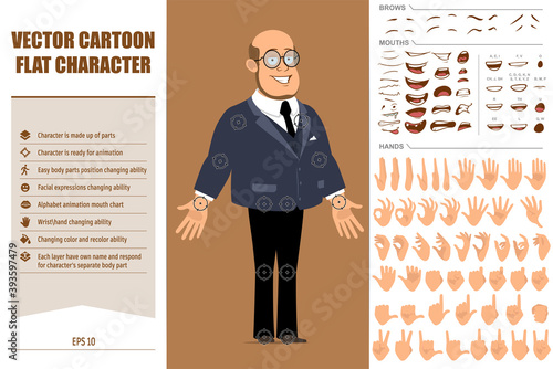 Cartoon flat funny bald professor man character in dark suit and glasses. Ready for animation. Face expressions, eyes, brows, mouth and hands easy to edit. Isolated on brown background. Vector set.