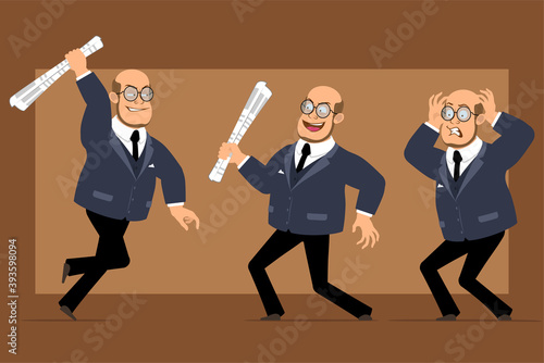 Cartoon flat funny bald professor man character in dark suit and glasses. Boy holding, running and fighting with newspaper. Ready for animation. Isolated on brown background. Vector set.