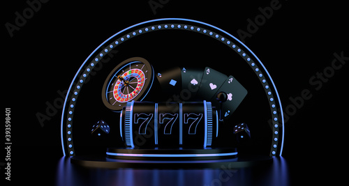 Gambling concept. Lucky seven 777 slot machine with casino roulette, casino chips and dice. Podium with casino elements. 3d rendering.