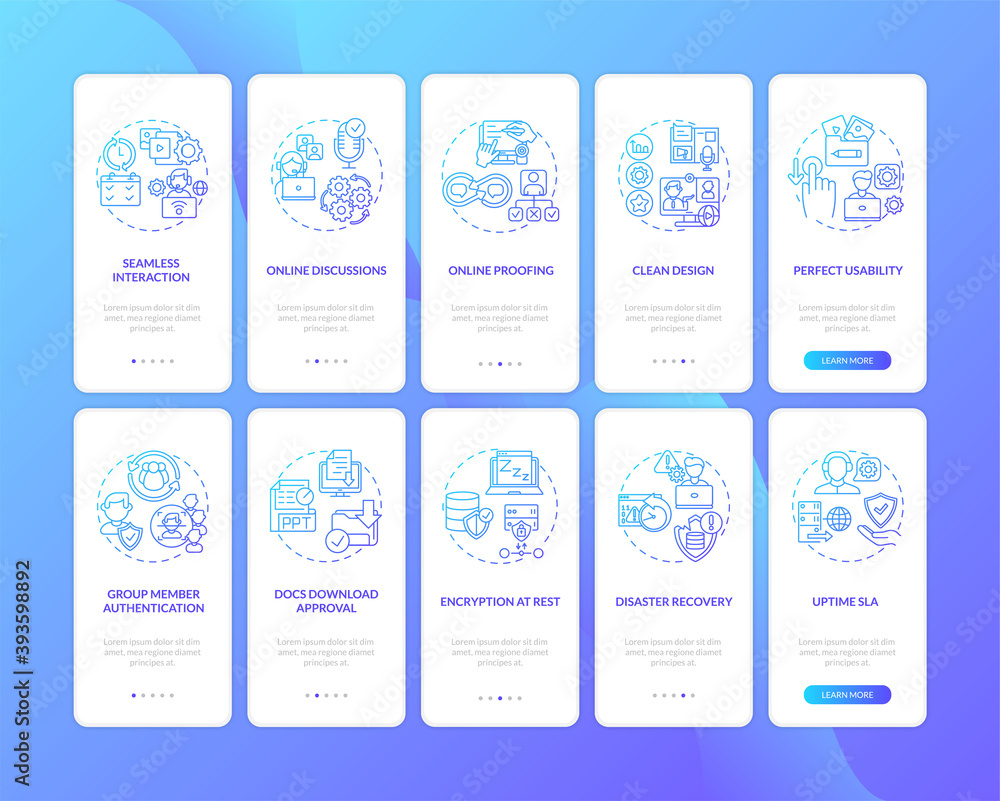 Telecommuting app aspects onboarding mobile app page screen with concepts set. Protection parameters walkthrough 5 steps graphic instructions. UI vector template with RGB color illustrations