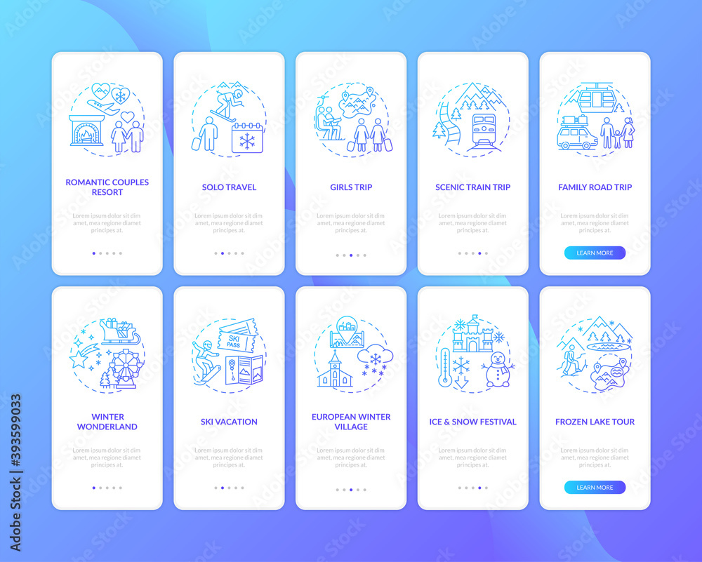 Winter vacation ideas and places onboarding mobile app page screen with concepts set. Winter wonderland walkthrough 5 steps graphic instructions. UI vector template with RGB color illustrations