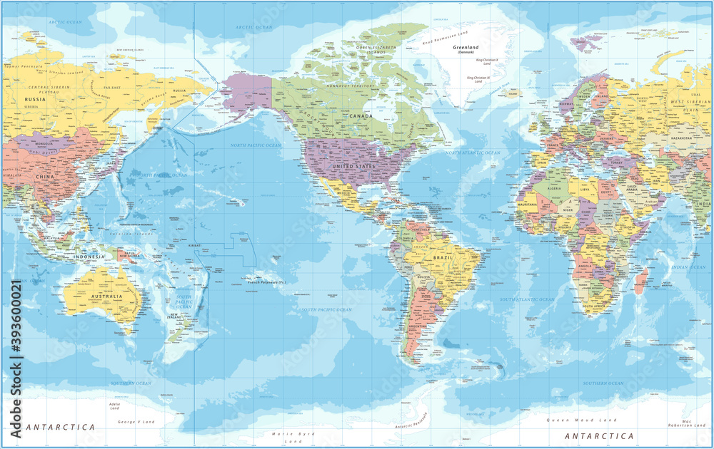 World Map - Political - American View - America in Center -Vector Detailed Illustration