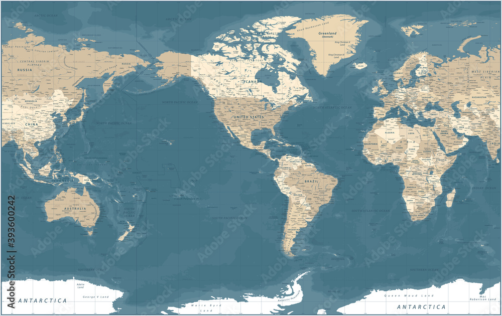Fototapeta premium World Map - Vintage Political - American View - America in Center - Vector Detailed Illustration