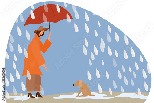 A woman with an umbrella in the rain takes care of a stray dog.