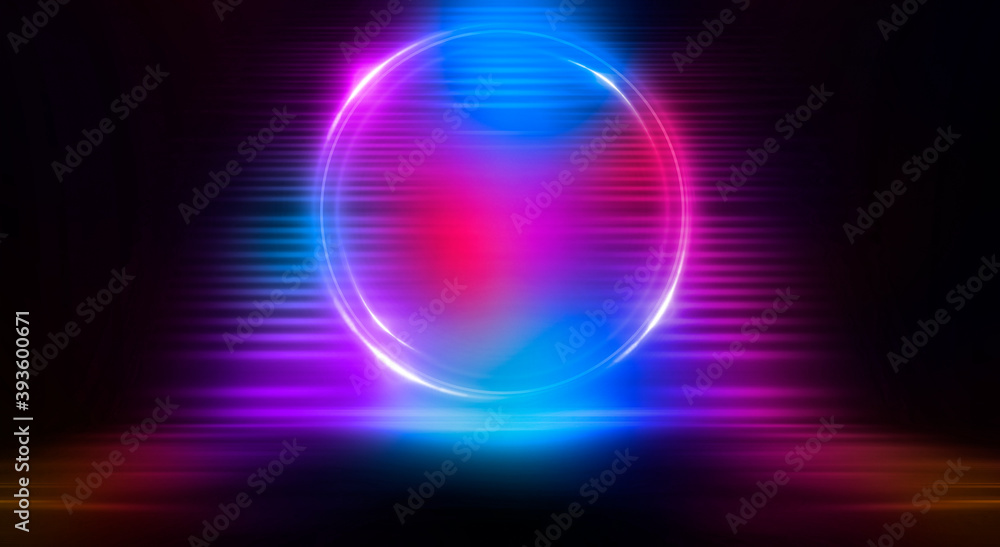Dark abstract background. Neon light circle figure. Reflection of neon light on the water. Dark abstract background. Neon light circle figure. Reflection of neon light on the water.