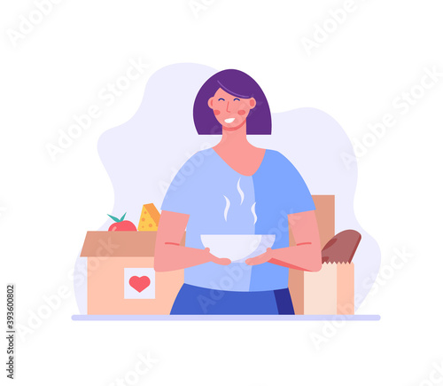 Happy woman holds a plate of soup, food box in hands. Concept of help, social care, volunteering, support for poor people, food donation. Cartoon flat vector illustration for web banner