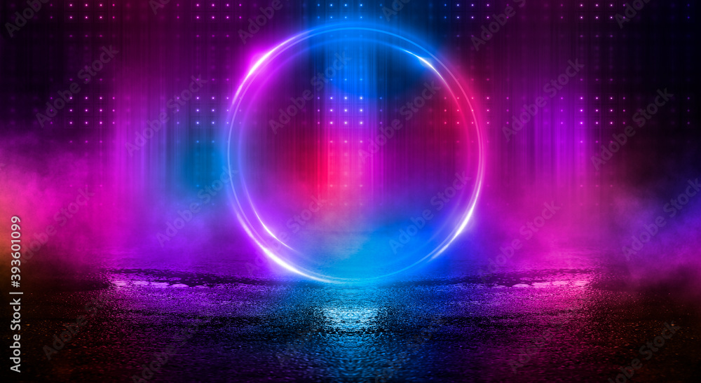 Dark abstract background. Neon light circle figure. Reflection of neon light on the water. Dark abstract background. Neon light circle figure. Reflection of neon light on the water.